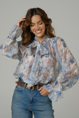 Ženska bluza cvetna plava tensel