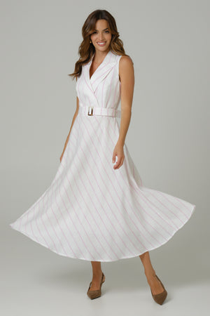 Ravanica ženska haljina roze pruga lan-pamuk